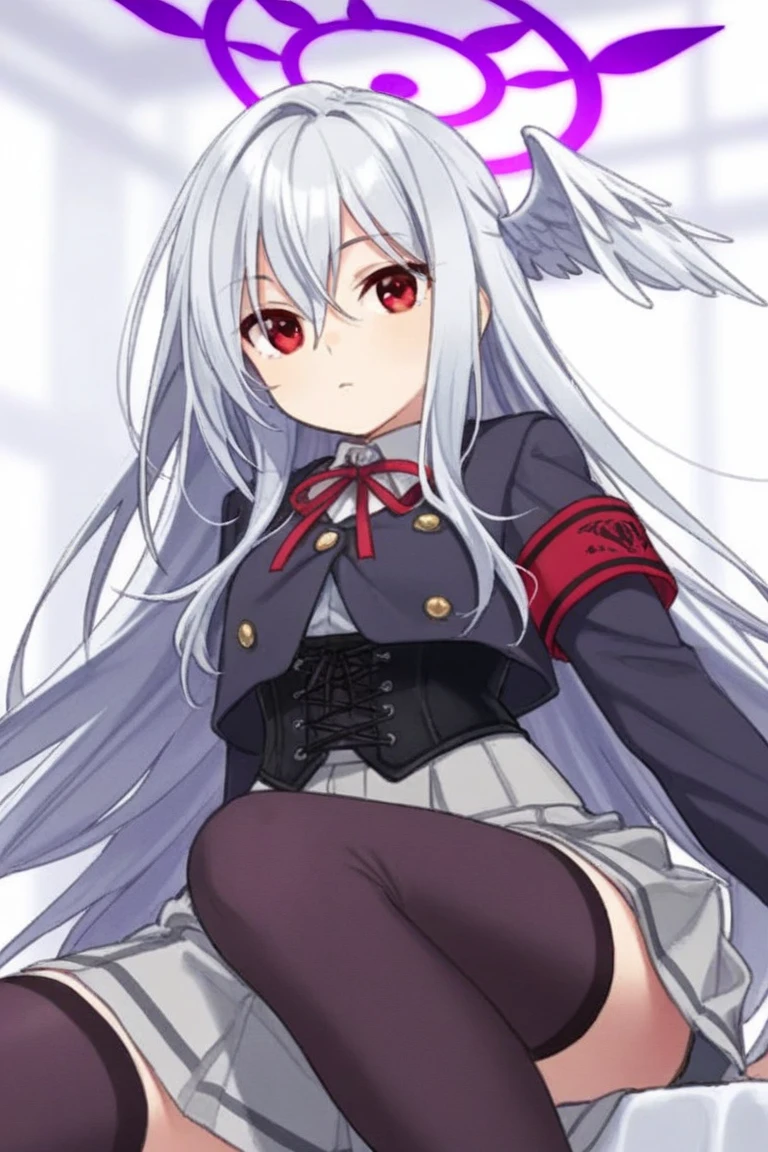 1girl, solo, long hair, breasts, looking at viewer, smile, blue eyes, skirt, shirt, red eyes, thighhighs, gloves, long sleeves, ribbon, twintails, sitting, very long hair, , jacket, white shirt, white hair, pleated skirt, shoes, white gloves, grin, white thighhighs, red ribbon, blue skirt, neck ribbon, low twintails, heterochromia, brown footwear, crossed legs, loafers, tokisaki kurumi