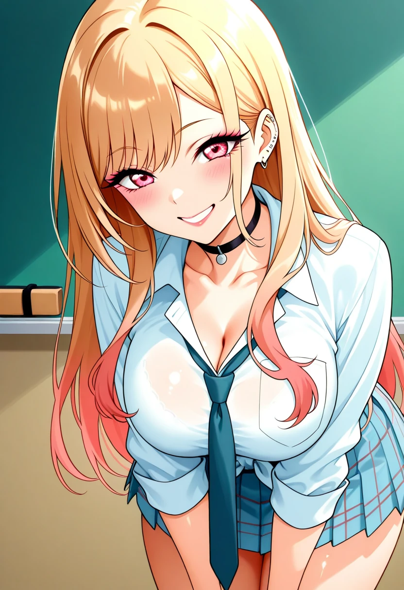 score_9, score_8_up, score_7_up, source_anime,
KitagawaMarin,
1girl, mischievous smile,
multicolored hair, long hair, magenta eyes, ear piercing, earrings, pink nails, makeup,
MarinSchool, bead bracelet, black choker, neck bell, ring, collared shirt, white shirt, short sleeves, blue necktie, plaid skirt, blue skirt, tied shirt, skirt lift,
standing, looking at viewer, ((close up)),
indoors, classroom, blurry background, lingerie bra, cleavage, unbuttoned shirt, wink, ((mirror selfie))