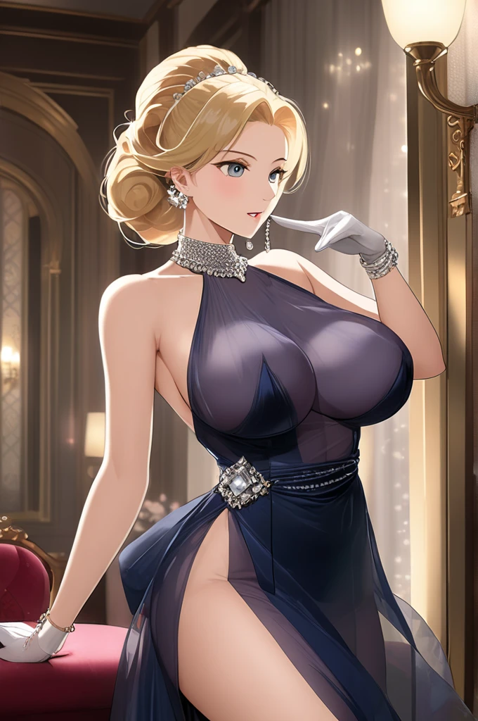 High resolution, Very detailed, perfect lighting, beautiful detailed eyes, ((masterpiece,Best Quality)), absurdities, alone, princess zelda, by the width, crown braid, Hair clip, pointy ears, slim fit shiny navy blue elegant evening dress, Gloves without fingers, black gloves, smile, curves, deep neckline, deep neckline, slim fit shiny navy blue elegant evening dress, Primer plano frontal,