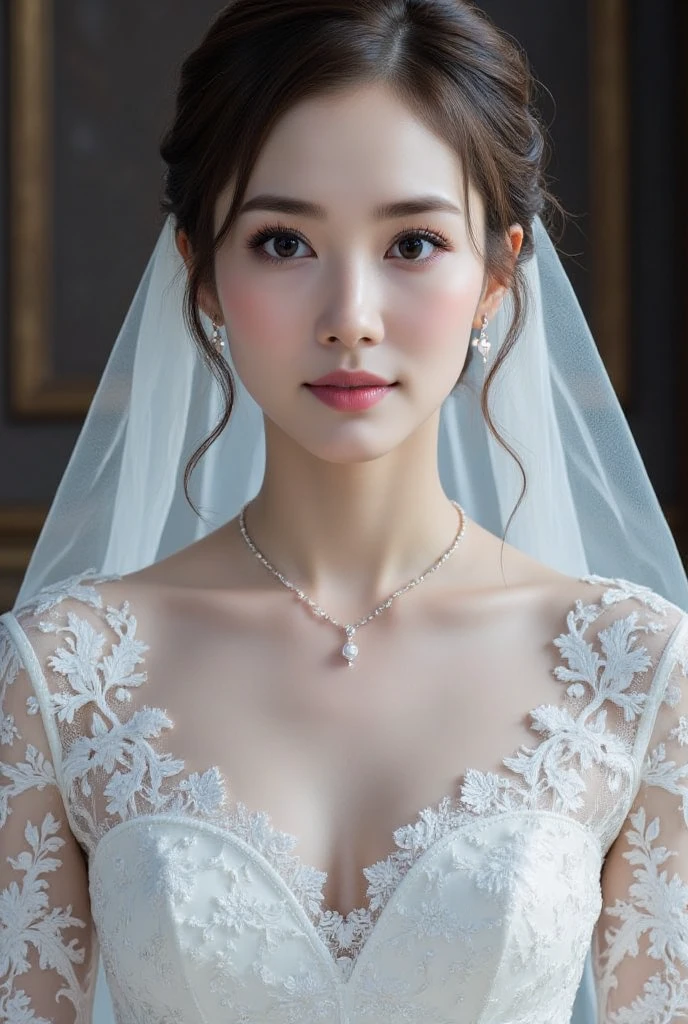 (1girl), Updo hairstyle, Princess, Extremely cute face, Amazing face and eyes, (Highly detailed eyes, Highly detailed face), fresh, Very clean appearance, (Hyper-realistic, hight resolution), (Best Quality:1.4), (hyper quality), Authentic skin texture, Raw photo, (Realistic, Photorealsitic:1.37), highly detailed, Professional Photography, (beautiful lace bridal dress:1.5), (lace bridal dress with open front), (cleavage:1.2), (Bare shoulders), Smile slightly, (Staring at me), luxurious tiara, luxury accessories, necklaces and earrings, (luxury living room:1.3), girl portrait,