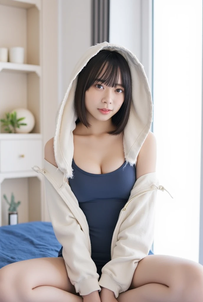 Tabletop, highest quality, Super detailed, In detail, High resolution, In 8K, ((Photorealistic:1.4, Raw photo, 超A high resolution,Best image quality: 1.4)), wallpaper, ((Perfect full body composition)), Beautiful fine details, Natural color lip, ((Gentle smile:1.5)), ((Random cute hairstyles)), ((Random and cute poses)), ((huge 、Cleavage:1.2)), ((My chest opened up、Hide with both hands:1.5)), ((Gray zip-up hoodie only:1.5)), ((Proudly、Look under the eyes、Mole on arm:0.9)), ((from the front)), ((Randomly blurred background)), ((topless)),, ((Place your chest between your arms、Leaning forward)) Highly detailed and professional lighting、 ((Random and cute expressions:1.5))、 ((I can see your thighs、I can see your pants:1.5)),White pantyhose