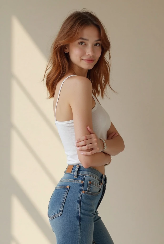 jortega as , looking at viewer, shaggy wolf haircut into a silky lob, Auburn Hair color, cute, wearing sexy outfit, showing armpits, masterpiece, extremely detailed skin, photorealistic, heavy shadow, dramatic and cinematic lighting, key light, fill light