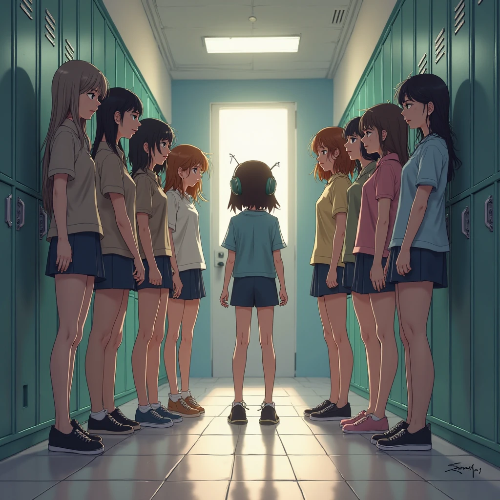 8 small female kids standing in the public bathroom