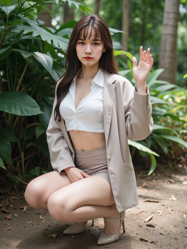 ((top-quality、in 8K、masterpiece:1.3、Raw photo))、Super high quality photos, In the tropical jungle, ((Wearing business suit jacket and skirt)), ((Wear a white blouse shirt under the jacket)), ((Perfect beauty 20 year old idol Japan woman)), ((a smile)), ((protruding nipples under the shirt,,)), ((slim figure)), ((Slim legs)), ((slim thigh)), ((Perfect beauty 20 year old idol Japan woman)), (Photorealistic: 1.4), (Ultra-high detail), (hyper realisitic: 1.4), (Realistic: 1.3), (Smooth lighting: 1.05), Full body, 1girl in, Solo, (Japanese actressl), 20yr old, cinematlic lighting, ((slim figure)), ((Leaner figure)), Good anatomy, Correct ???????, In the tropical jungle, ((Perfect beauty 20 year old idol Japan woman)), ((slim figure)), ((Slim legs)), ((slim thigh)), ,((Perfect beauty)), ((He has a small camping bag in one hand.)), ((squatting)), ((Panties are visible through the skirt)), ((a smile)), ((camel's toe)), ((legs spread slightly)),