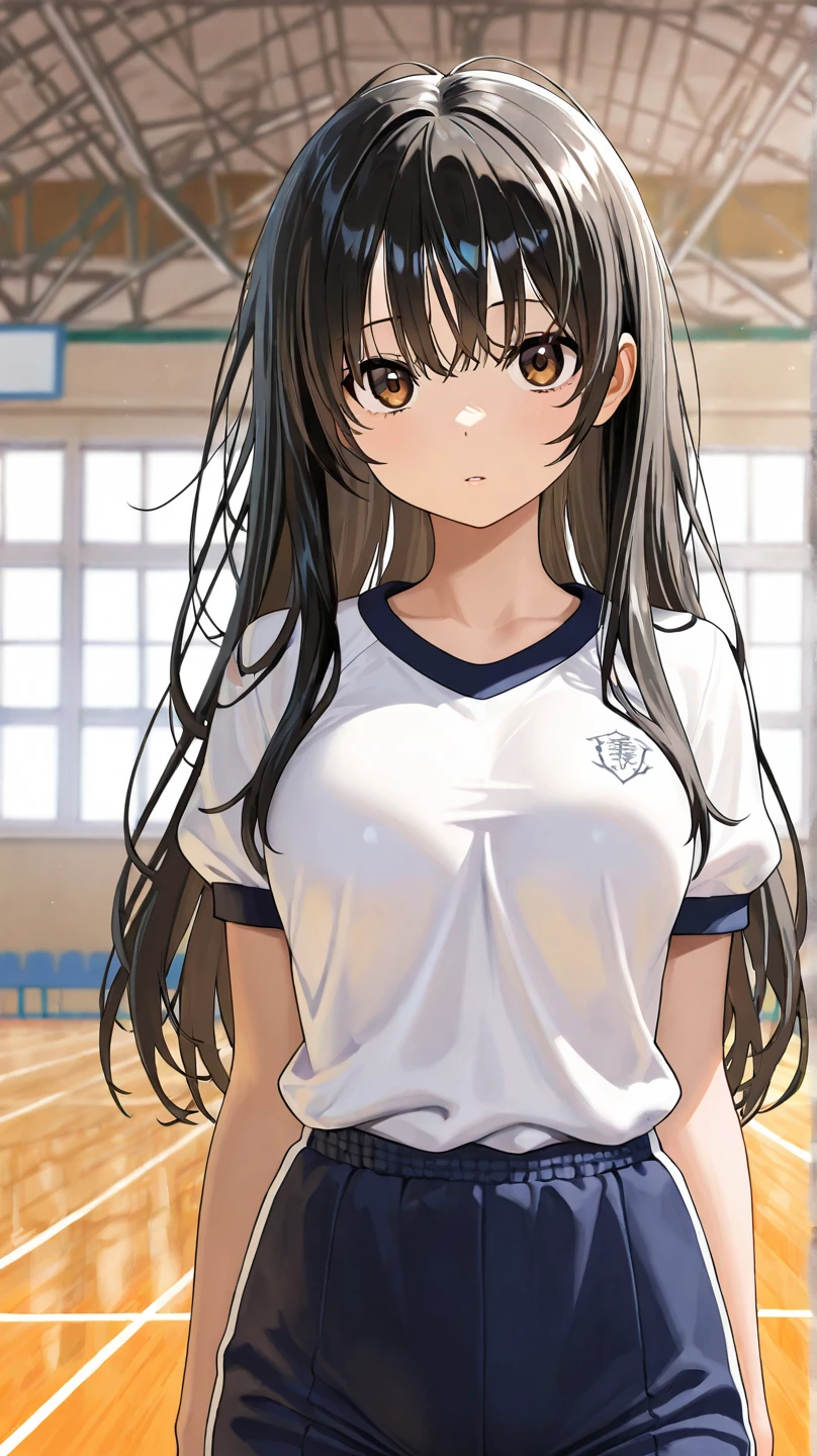 ((perfect anatomy:1.2,real,:1.3,RAW photo:1.3,masterpiece,top quality,super quality,high resolution,high definition CG,8K)),cowboy shot,1 female,solo,20 year old beauty, ((beautiful detailed face and eyes,big gorgeous eyes)), brown eyes,smiling,(brown hair,long hair,.forehead, center parting: 1.2, straight hair)),(medium build, large breasts, slender body, tanned skin, glowing skin, oily skin, shiny skin, sweat: 1.4),(light gray t-shirt, light gray sweat shorts,), dancing, dancing practice, turning body to viewer, gym hall, large breasts,
