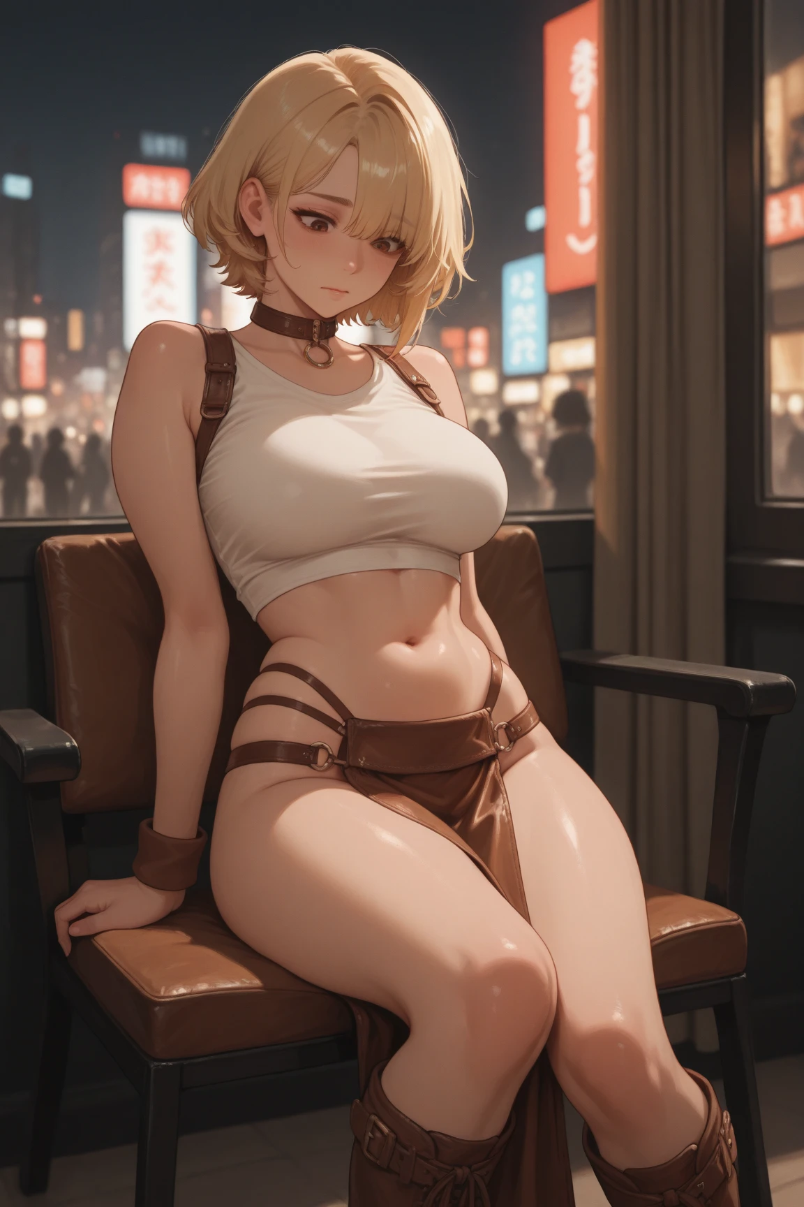 (((:1.6))),(((:1.6))),(((1 person:2.0))),(((drinking beer))),(((Small breasts))),(((Wear a brown leather belt with a gold square buckle:1.5))),(((Wearing a watch:1.5))),(((Showing cleavage))),(((Exposed thin inner thighs))),(((naked side boob))),(((Bare arms))),(((Her hair is blonde))),, Beautiful and slender girl, Very detailed目と顔, 緻密でBeautiful Eyes, Very detailed, High resolution, highest quality, masterpiece, Very detailed, 8k wallpaper, wonderful, finely, highest quality, The light shines on your face,,女の子1 person,(Late-night bar,),Beautiful Eyes,(((Extremely drunk:1.3)),((With tears in his eyes:1.1)),Full Body Shot,Sit on a chair