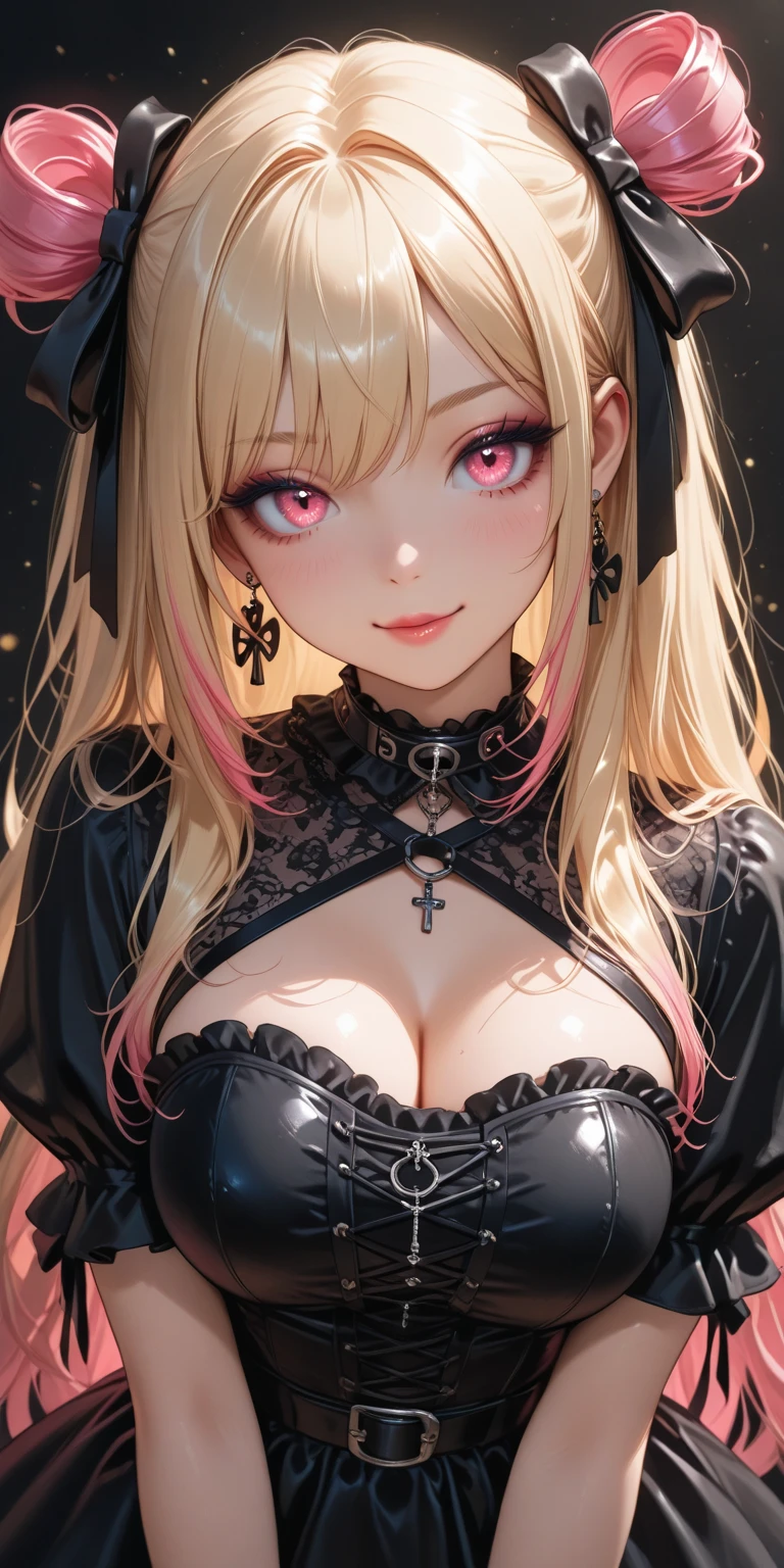 Yellow hair, bangs, blunt bangs, hime cut, straight hair, hair spread out, shiny hair, very longer hair, glowing redfire eyes, sparkling eyes, wide eyes, red eyes, pupils sparkling, longeyelashes, makeup, tongue out, parted lips, bright pupils, full blush, saliva trail, fang, badas woman, crash girl, Surrealism, Gothic art, Realism, Hyperrealism, reflection light, drop shadow, sparkle, diffraction spikes, UHD, masterpiece, ccurate, anatomically correct, super serious detail, high details, high quality, best quality, highres, 1080P, 4K, HD