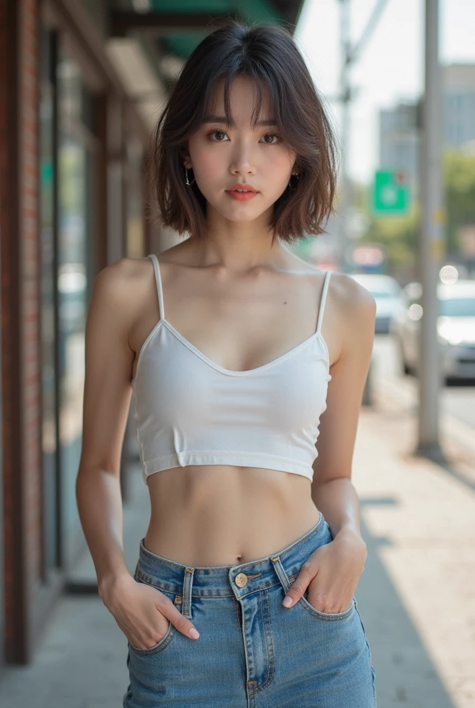 ((Realistic lighting, Best Quality, 8K, Masterpiece:1.3)), Clear focus: 1.2, 1girl, Perfect Body Beauty: 1.4, Slim Abs: 1.1, ((Dark brown hair)), (White crop top: 1.4), (Outdoor, Night: 1.1), Hot pants, shorts, tight,, Bust, Bust, City Street, Super Fine Face, Fine Eyes, Double Eyelids,