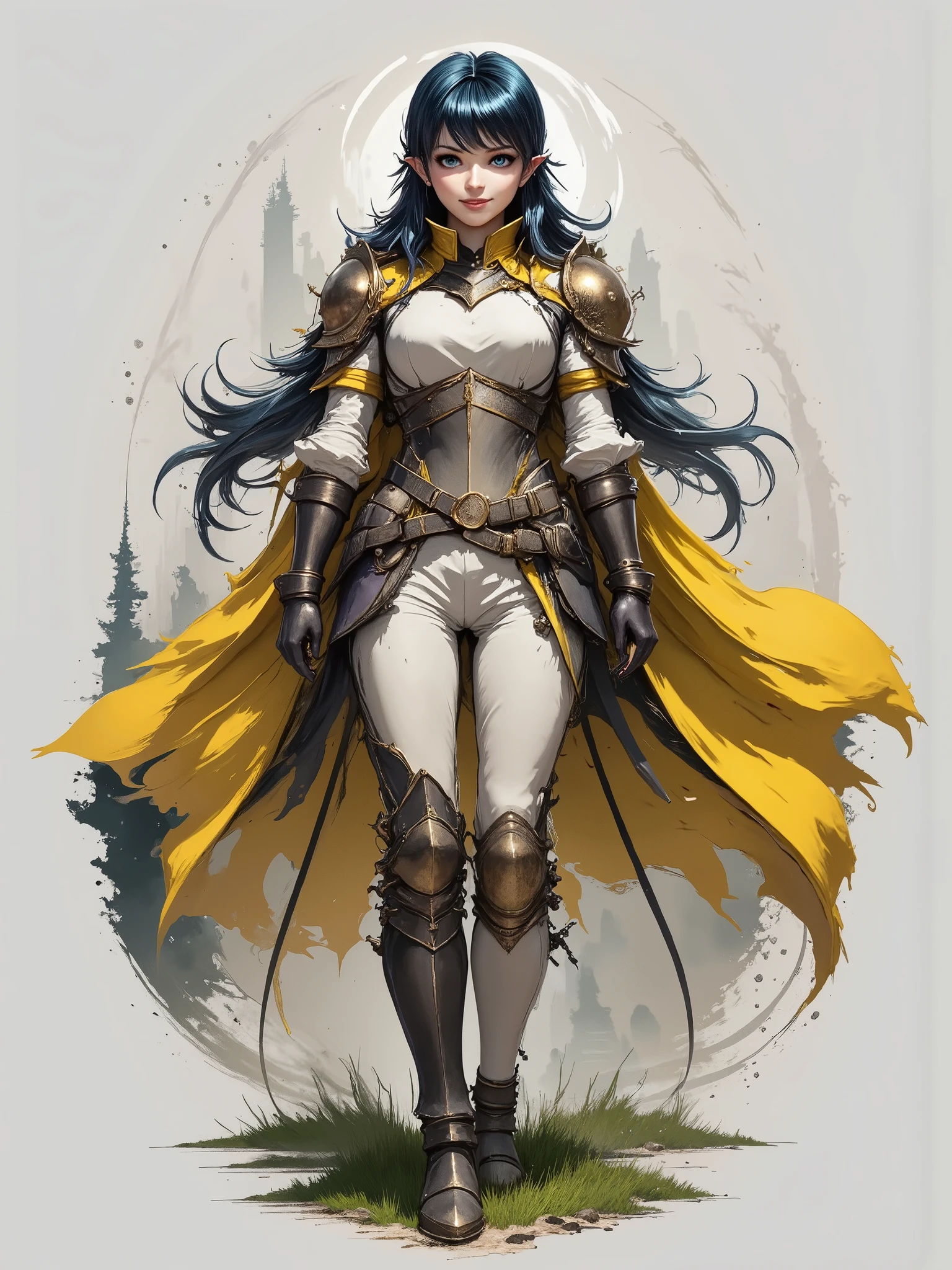 A very beautiful 22 year old paladin lady, (((long hair))), (((DeepSkyBlue hair))), (((shiny hair))), (((beautifully detailed eyes))), (((perfect eyes))), (((finely detailed eyes))), (((detailed eyes))), (((Light Sky Blue eyes:1.5))), (((bright eyes))), (((beautiful and detailed lips))), (((candy pink lips:1.5))), (((thin lips))), (((light smile))). front light, illuminated face, (((Full body view, dynamic pose, standing:1.5, graceful pose))), (((she stands in a powerful pose, with one leg bent, arms crossed))). (((Gothic armor in pearl white color:1.5))), lemon Yellow cape waving in the wind. (((high resolution:1.5))), A dinkfsn style ink wash painting, (((Masterpiece:1.5))), (((high quality, UHD, 8k, 16k))), (((RAW, professional photograph, photorealistic portrait))), sharp focus, no blur, (((film grain))), dynamic angle, wide angle, panoramic, stunning image, epic landscape, soft lighting, cinematic lighting, top quality, (Best Quality), vibrant, colorful. ((In the background there is an empty snowy field, short green grass, empty horizon, awesome, very detailed, dramatic scene)), (((starry night:1.5))), blurred background, bokeh.