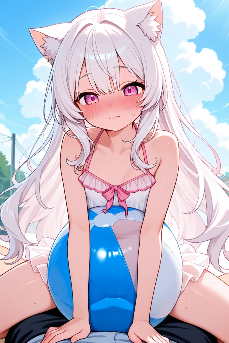 "(masterpiece:1.1), best quality, (NSFW:1.1), 
1girl, (80s anime style:1.3), (eyelashes:1.5), (loli:1.2), 
(intricate high detailed body:1.2), 
(silver hair:1.1), 
(blunt bangs:1.1), (long hair, twin bun:1.1), 
brown eyes, (red lip stick:1.1), 
(tan skin:1.1), (slim body:1.2), (small breasts, flat chest:1.1), 
shy, (open mouth, tongue out, blush:1.2),
(sexy lace lingerie:1.1), 
bracelet, crystal earrings, collar, fishnet tights, ahoge, 
standing, arms behind head,
(cowboy shot:1.1),
daytime, beach"