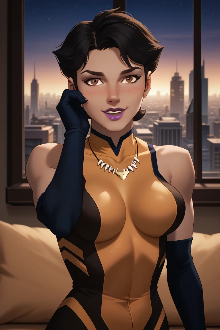 Girlfriend,black short hair,earrings,blue eyes,light smile,leaning forward,sagging breasts,
yellow elbow gloves,black leotard,yellow ribbon choker,gold crown,nipple slip,
night,royal room,from below,
(insanely detailed, beautiful detailed face, masterpiece, best quality),solo,<lora:drGirlfriend-10VBv8:0.8>,