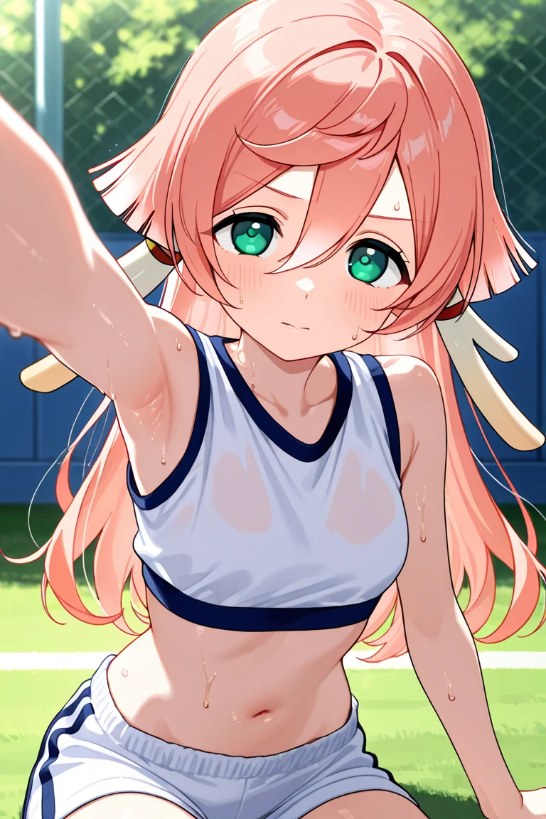 hoshino_\(blue_archive\), nsfw, masterpiece, 1 girl, ((topless)), intricately detailed, navel, necklace, pink hair, white skirt, smiling, extremely detailed, heterochromia, bare stomach, sweaty, beautiful face, sleepy, small breasts, flat chest, park, halo, bare shoulders, nipples, holding tennis, sleepy, open mouth, blushing, tennis court, visor hat, sweaty, gold course, arched back, standing, long hair, slim body, ponytail, 1 fang, sweaty