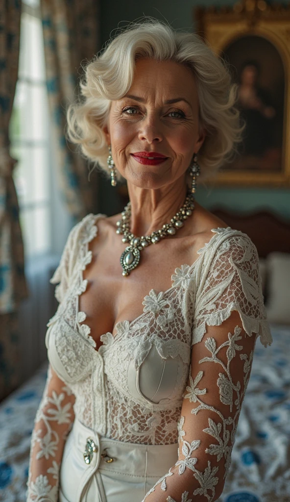 80-year-old woman、Facial wrinkles、beauty、rauall gown, Sweet Lolita, Puff sleeves,Big Breasts