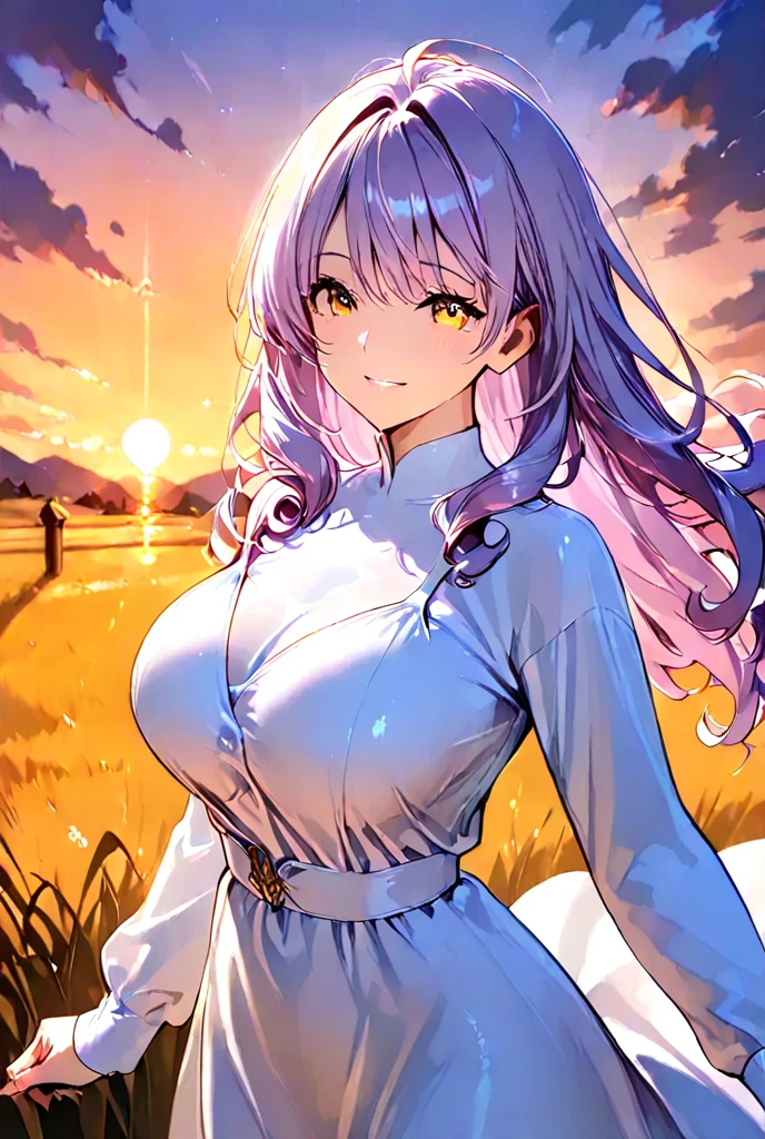 realistic, 1girl, white hair, purple eyes, glowing eyes, crop top, skirt, parted lips, blush, night, flowers, sun, sunlight,milf