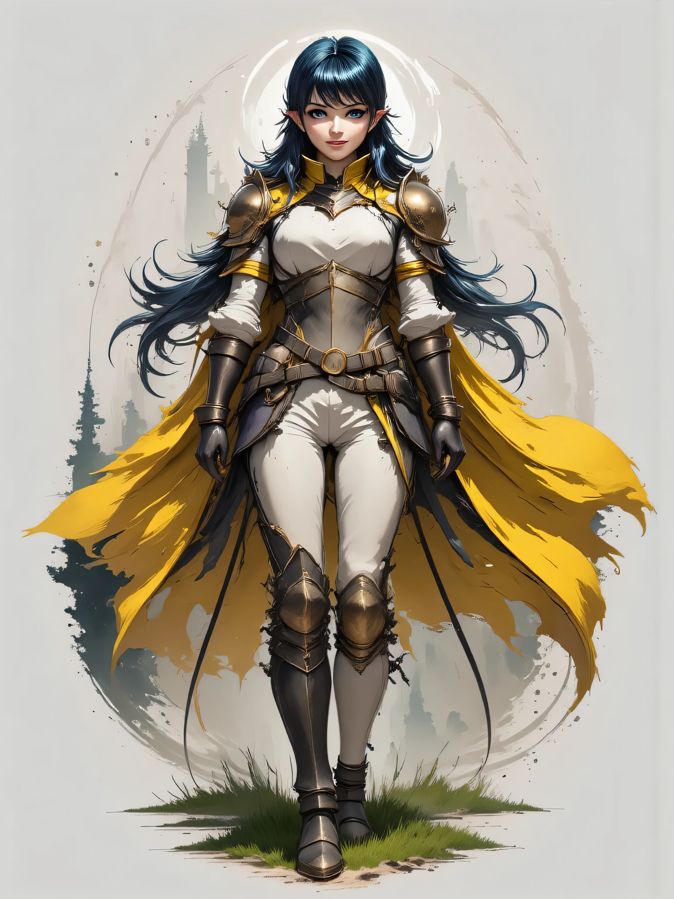 A very beautiful 22 year old paladin lady, (((long hair))), (((DeepSkyBlue hair))), (((shiny hair))), (((beautifully detailed eyes))), (((perfect eyes))), (((finely detailed eyes))), (((detailed eyes))), (((Light Sky Blue eyes:1.5))), (((bright eyes))), (((beautiful and detailed lips))), (((candy pink lips:1.5))), (((thin lips))), (((light smile))). front light, illuminated face, (((Full body view, dynamic pose, standing:1.5, graceful pose))), (((she stands in a powerful pose, with one leg bent, arms crossed))). (((Gothic armor in pearl white color:1.5))), lemon Yellow cape waving in the wind. (((high resolution:1.5))), A dinkfsn style ink wash painting, (((Masterpiece:1.5))), (((high quality, UHD, 8k, 16k))), (((RAW, professional photograph, photorealistic portrait))), sharp focus, no blur, (((film grain))), dynamic angle, wide angle, panoramic, stunning image, epic landscape, soft lighting, cinematic lighting, top quality, (Best Quality), vibrant, colorful. ((In the background there is an empty snowy field, short green grass, empty horizon, awesome, very detailed, dramatic scene)), (((starry night:1.5))), blurred background, bokeh.