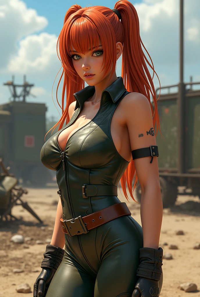 Super-detailed, 8k, 1 girl, mature, long red hair, perfect figure, busty body, curvy body, large and droopy breast, slender hips, thick thighs, huge round ass, mech suit, fallen in the rubble, defeated and passed out, lay down in the rubble, ripped clothes