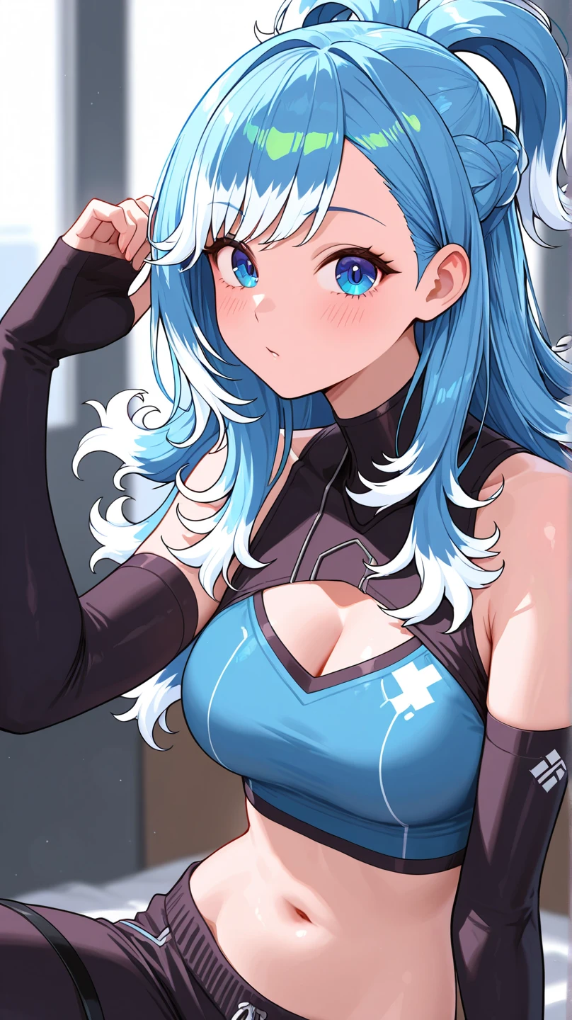 Adult woman, Long white hair, blue eyes, Smile, Red tight top, Huge-breasts, open belly, Combat pants, hands behind head, hiquality, 4k, HD, Good detail