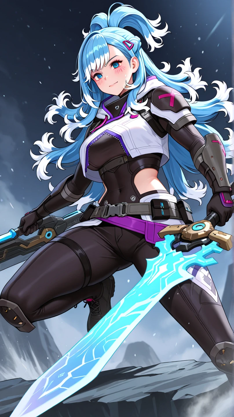 Woman with dark skin and white hair, black and purple outfit shooting arrows