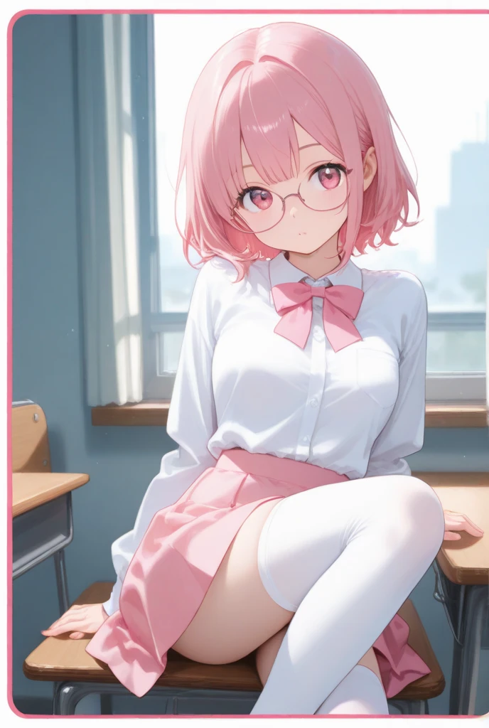 mini skirt,knee socks,pinkの飾りがついた服,stylish outing wear,Close-up of a woman with pink hair wearing glasses, artwork in guvez style, guvez, cute realistic portrait,glowing pink face, pink girl, beautiful anime portrait, pink glasses, glowing pinkのフレームの眼鏡、Realistic anime 3D style, Yan Juncheng, realistic anime art style, ((pink)8K、only one girl、underwear、thighs thighs、highest quality、8K、masterpiece、、perfectly cute girls、Delicate and smooth skin、skin that looks real、perfect and beautiful face、perfect and cute face、shy smile