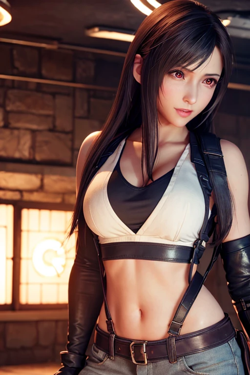 ((Master quality, 8K, masterpiece:1.3, ultra-detailed, high resolution, RAW Photos, detailed , blurry, Actual, hyper realistic, photo, HDR)), BREAK, perfect( anatomy:1.5, hands, fingers, legs, feet), detailed eyes, BREAK, One person alone, ff7r style, tifa lockhart, beautiful face, beautiful brown eyes, (dynamic posing ), long hair, ( Round and Stacked Breasts ), Cleavage, seductive smile:1.5, Sweat-soaked skin, BREAK, , Graffiti art, BREAK, ( Random Angle, full-body, ), dynamic angle, , background(Realistic , cinematic lighting, depth of field, night , the full moon,, cyberpunk city atmosphere light particles, , )