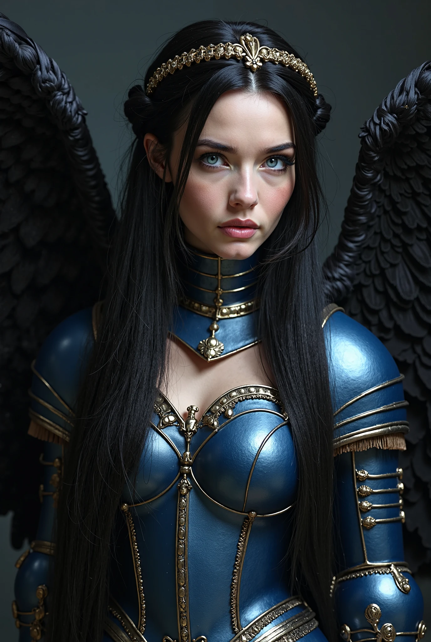 GORGEOUS WINGED VALKYRIE , WARRIOR WOMAN, BUST IMAGE STYLE, STUDIO IMAGE STYLE, BLACK INFINITE BACKGROUND, DIFFUSED LIGHTS ON FACE, BACK LIGHTS ON HAIR, HUGE BLACK WINGS, BLACK FEATHERS, VERY BLACK HAIR, CLOSE FACE SHOT, HUGE LONG HAIR, HUGE STRAIGHT LONG HAIR, BRAID HAIR STYLE, PLATINUM EYEBROWS, VERY PALE SKIN, LUMINOUS SKIN, TURCOISE BLUE EYES, LUMINOUS EYES, MEDIEVAL STYLE, HIGH CHEEKBONES, ROSY CHEEKS, GORGEOUS LIPS, SOFT LIPSTICK, GORGEOUS CURVY BODY, SOFT MUSCLES, VOLUMOUS BREASTS, BLUE ARMOUR, SILVER DETAILS, FULL BODY ARMOUR, FLAT BOOTS, NECK CLEAVAGE, LONG BRACELETS, GOLD DETAILS, GOLDEN HEADBAND , ENIGMATIC FACE EXPRESSION, SIDE FACE VIEW, EYES LOOKING UP, TOLKIEN MITHOLOGY, HIGH QUALITY IMAGE, MASTERPIECE, 8K