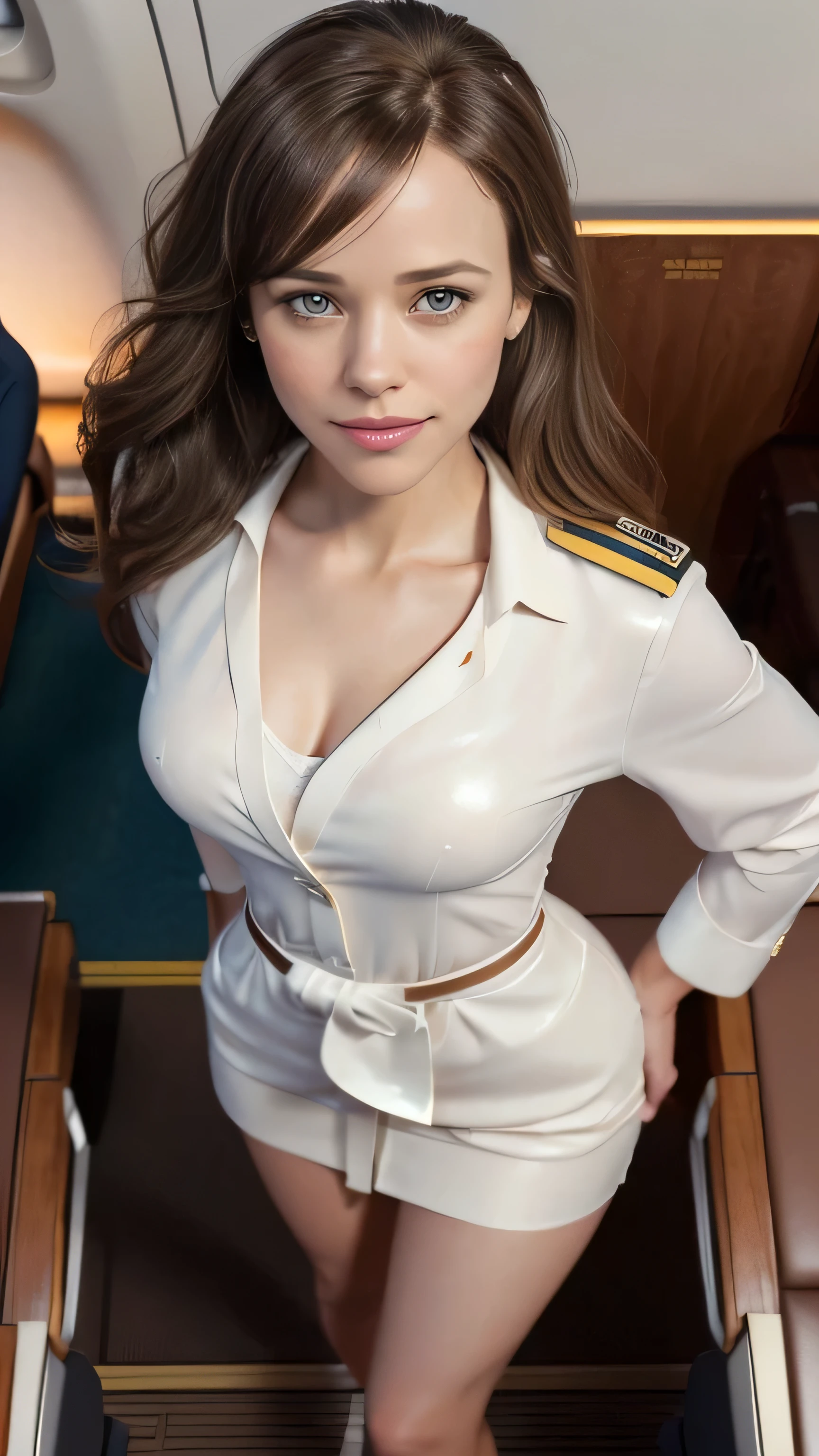 Charming young brunette, slim body, lush breasts, thin waist, wide hips, sculpted body, (stewardess uniform), cleavage, posing on board a private jet, looking at the viewer, smiling, soft light passing through her hair, depth of field, bokeh