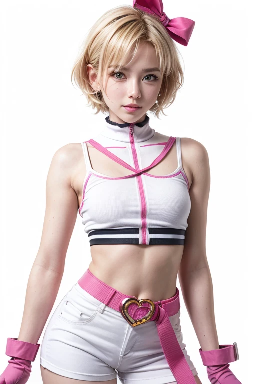 A beautiful attractive woman with short hair, full body portrait, in the style of Moebius, full of pink and white hexagons in the background, with a futuristic sci-fi aesthetic style, simple details, minimalism, black lines, clean pictures. The skin is white and she has an extremely delicate face that resembles floating glass. A sense of mystery, soft lighting, ultra-high definition images, and a cool color tone. She is wearing, 32k ,uhd