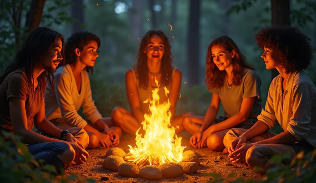 beautiful young girls in bikinis bending over a campfire roasting a crab, a bear standing behind the girls, dramatic lighting, cinematic composition, colorful sunset, highly detailed, photorealistic, 8k, award winning digital art