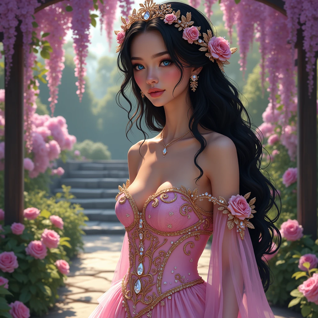 Full body, EVA Rapunzel girl with graceful figure with black hair in the Garden of Eden, girl's body sexy, legs long and graceful, graceful ankles, in the background tree of life on which serpent tempts and red apple of life knowledge, serpent tempts girl, photorealism, super detailed, site 500px, contrast lighting, outline around girl, fill light is soft, 32k
