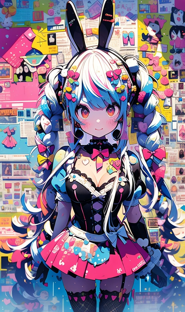 (masterpiece:1.2, Highest quality), (realistic, photorealistic:1.4), beautiful illustration, (natural side lighting, movie lighting ), nsfv, looks at viewers, 1 girl, Japanese, schoolgirl,  with a perfect face , cute symmetrical face,central street, (long hair:1.5, double tails,braids、Pale blue hair), asymmetric bangs,  rabbit ears、CHEMOMIMES,  dark red eyes , glowing eyes, big eyes, Downy Eyes, round eyebrows、long lashes,smile, beautiful hair, beautiful face, Beautiful eyes Beautiful eyes Beautiful clavicles, beautiful body, beautiful breasts,  beautiful hips,  Beautiful legs , beautiful fingers , аксессуары для décor,décor accesories,Mister.々lots beaded hair ornaments,Over-decorated accessories,bright pink trendy pink miniskirt,Massive beaded accessories, Big pink ribbon ,white stockings,blue fishnet tights,Pink ruffle mini skirt,dress with pink high-exposure dots,lots of wrist bracelets,lots of colorful beaded necklaces,Large white ribbon on the side of the hair,masterpiece, better quality, ultradetail,  beautiful shading , cinematic lighting, Studio lights, Cute, kawaii, big eyes, floral pattern on the pupil, Shaped pupil , Cute polka dot pattern on bows, plaid，Wear pink and blue maid outfits，} Cute girl in pure white,full body, full frame, horns,  little devil , wow , retro, hair clips, décor, lots of accessories,背景原宿central street
