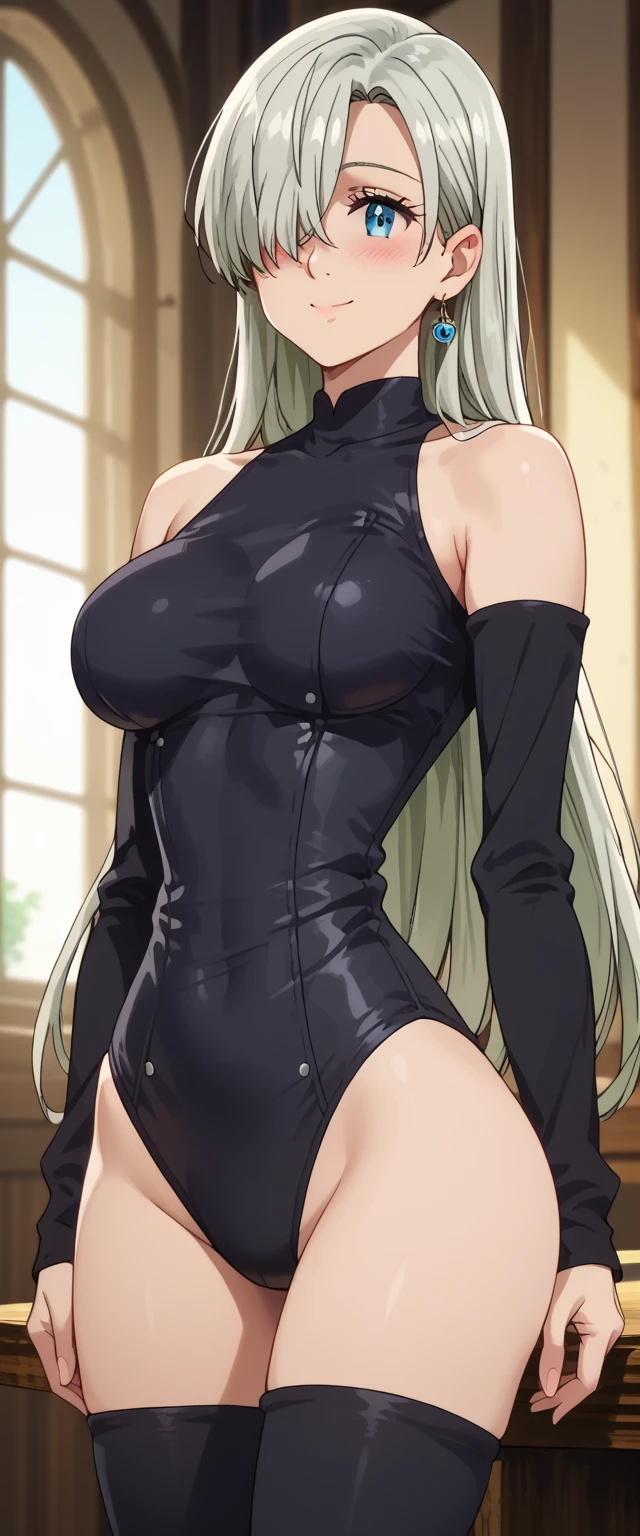 obra maestra, Mejor calidad, high resolution, hmeliza, 1 chica, pelo sobre un ojo, joyas, muslos negros, leotardo negro, guanteletes de novia, pierna alta leotard, pierna alta, turtleneck, guantes de codo, caminando, al aire libre, avergonzado,