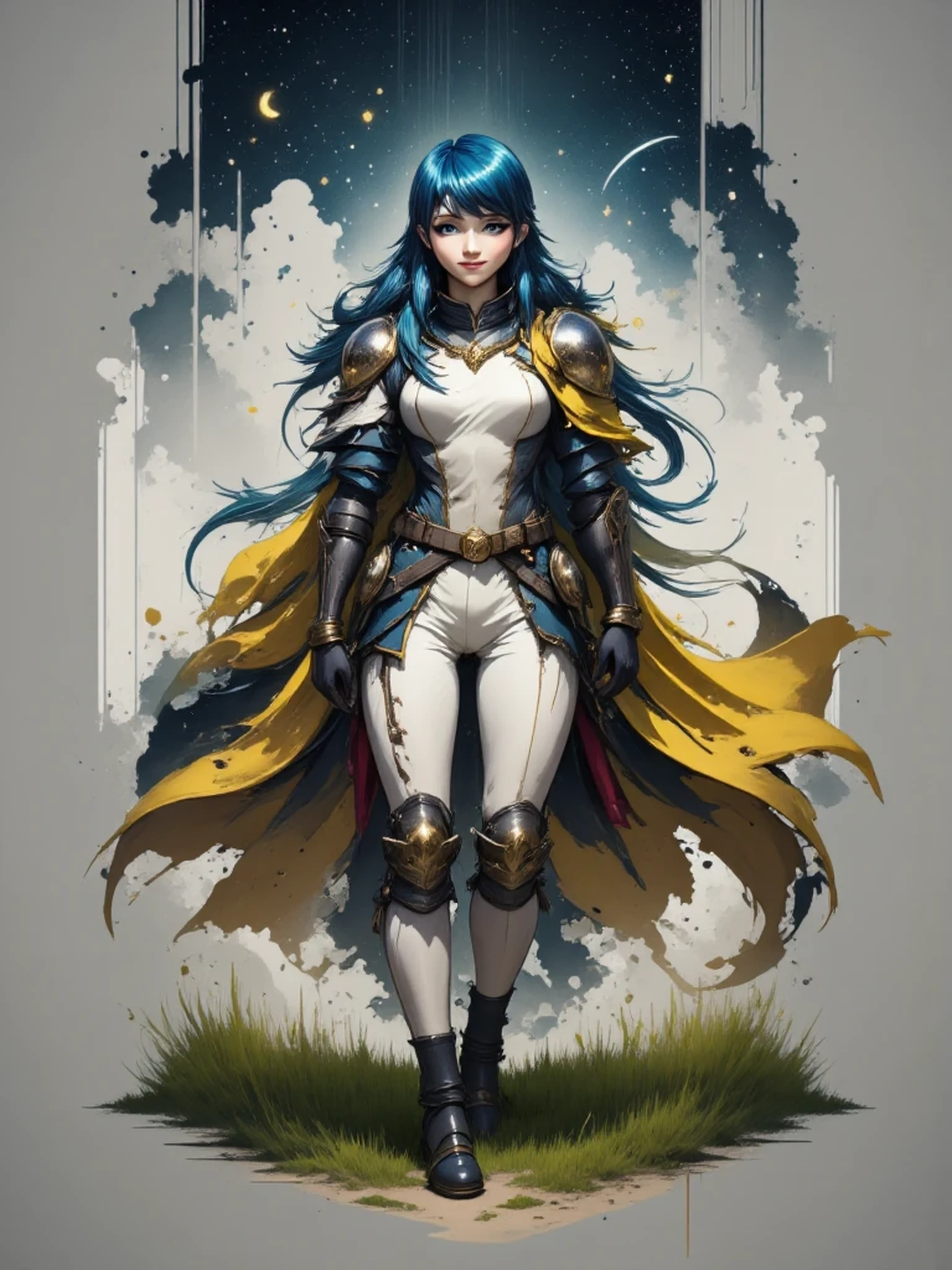 A very beautiful 22 year old paladin lady, (((long hair))), (((DeepSkyBlue hair))), (((shiny hair))), (((beautifully detailed eyes))), (((perfect eyes))), (((finely detailed eyes))), (((detailed eyes))), (((Light Sky Blue eyes:1.5))), (((bright eyes))), (((beautiful and detailed lips))), (((candy pink lips:1.5))), (((thin lips))), (((light smile))). front light, illuminated face, (((Full body view, dynamic pose, standing:1.5, graceful pose))), (((she stands in a powerful pose, with one leg bent, arms crossed))). (((Gothic armor in pearl white color:1.5))), lemon Yellow cape waving in the wind. (((high resolution:1.5))), aidmainkstyle, (((Masterpiece:1.5))), (((high quality, UHD, 8k, 16k))), (((RAW, professional photograph, photorealistic portrait))), sharp focus, no blur, (((film grain))), dynamic angle, wide angle, panoramic, stunning image, epic landscape, soft lighting, cinematic lighting, top quality, (Best Quality), vibrant, colorful. ((In the background there is an empty snowy field, short green grass, empty horizon, awesome, very detailed, dramatic scene)), (((starry night:1.5))), blurred background, bokeh.