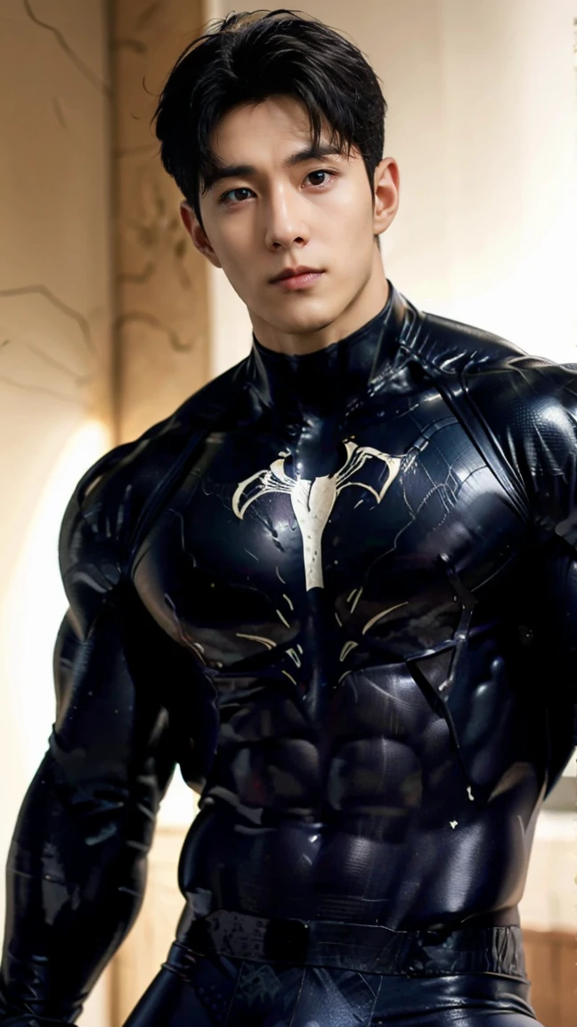 RAW,1boy, (A charming 18-year-old Chinese boy: 1.5), (no mask, showing face: 1.2), (no top, abs: 2) handsome, (kneeling, legs apart, hands crossed at waist: 2), masterpiece, super fine photo, best quality, looking at the lens, super high resolution, photorealistic realism, sunny handsome, full body portrait, delicate face, vibrant eyes, he is wearing a futuristic steel man Spider-Man costume, very detailed background, detailed face, detailed complex busy background, highly detailed skin, realistic skin details, visible pores, sharp focus, volumetric fog, 8k UHD, DSLR, high quality, film grain, photo realism, wheat-colored skin, (lower body bulge: 1.5), perfect body proportions, panorama, figure facing forward, no side photo, focus on hands, hand optimization, focus hands, cute, (abs: 1.3), muscular chest, muscular limbs, pronounced muscle lines, delicate facial features, (High detail skin: 1.2), masterpiece gay young naked boy, tired and handsome facial features, rainy weather, soaked skin, charming, tight waist, buttocks, bare chest, big pectoral muscles, wheat-colored skin, movie texture, fine picture