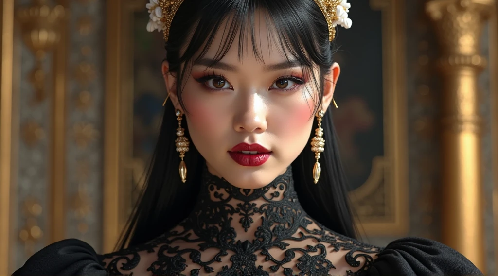 A 20-year-old chubby girl, adorned with strong pink makeup, stands in a captivating pose, wearing a black and red, long, and closed Qipao that accentuates her figure. Her dark golden eyes, beautifully detailed, exude a sensual and almost evil allure. Her very long, black hair is pulled back into a sleek, long black ponytail, with a light and transparent veil cascading down, filling the scene with charm and seduction. This stunning artwork, a maximalist masterpiece, is by artgerm, trending on ArtStation in 8k anime artwork, showcasing the model's best quality and captivating