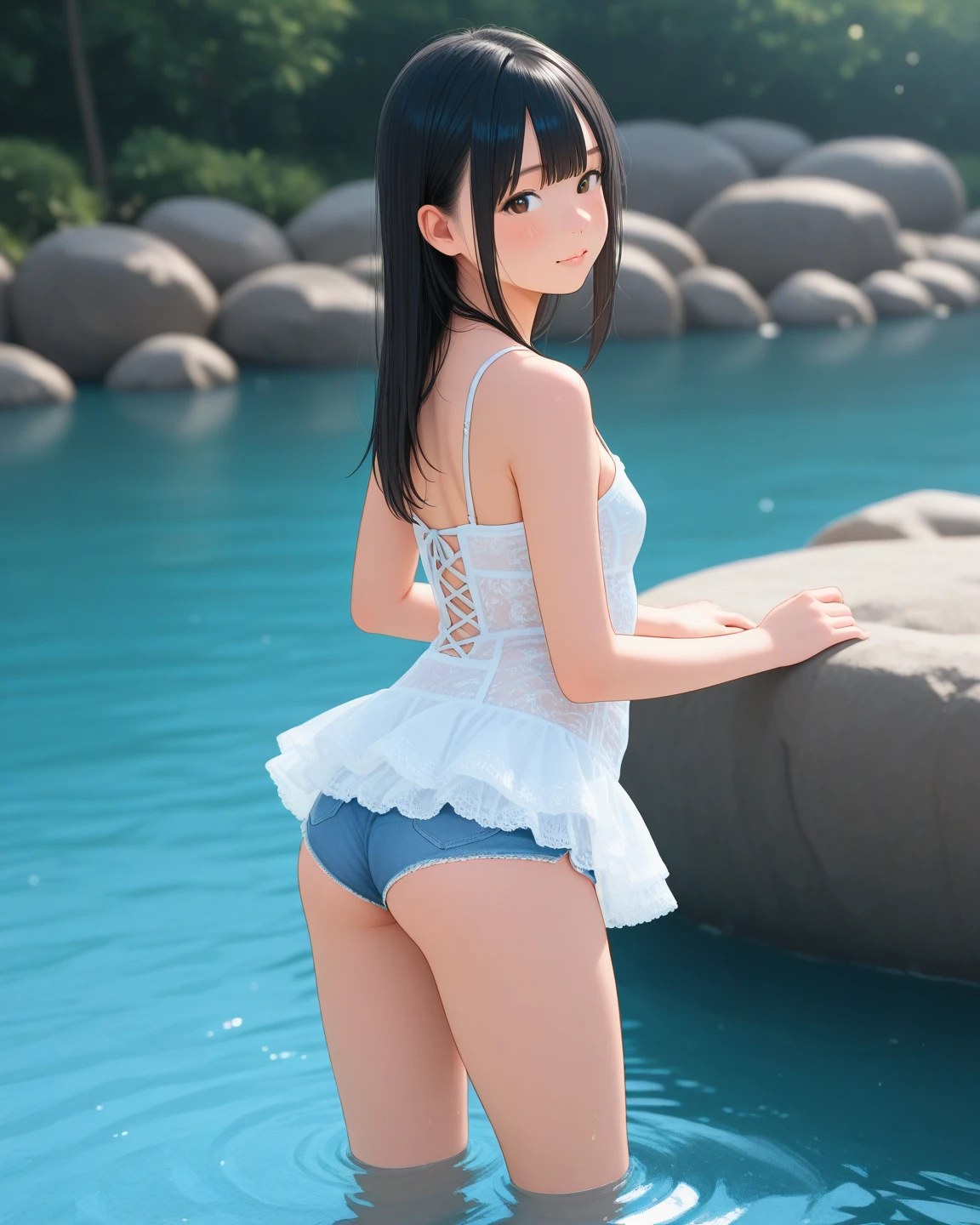 {(masutepiece) (8K High Resolution) (top-quality) (ultra-definition) (A hyper-realistic) (a beauty girl) (Raw photography) (Photorealsitic) (The most beautiful face) (perfect bodies) (Five Fingers) (9th class) (18year old) (large full breasts) (one girls) (Green shortcut) (Body and face without defects)} { (Perfect round face) (Perfect high nose) (Perfect big eyes) (Beautiful double eyelids) (Looking at the camera)(the perfect body)(Ecstatic look)(red blush)} (beach on beach) (((No Underwear))) (Hot midsummer day) (Facing the front) ((Random posture)) (((Clothes soaked in water))) (Beautiful wet skin) ((A smile)) (((Wearing a small white t-shirt))) (((Wearing a black super miniskirt))) (((best angle)))