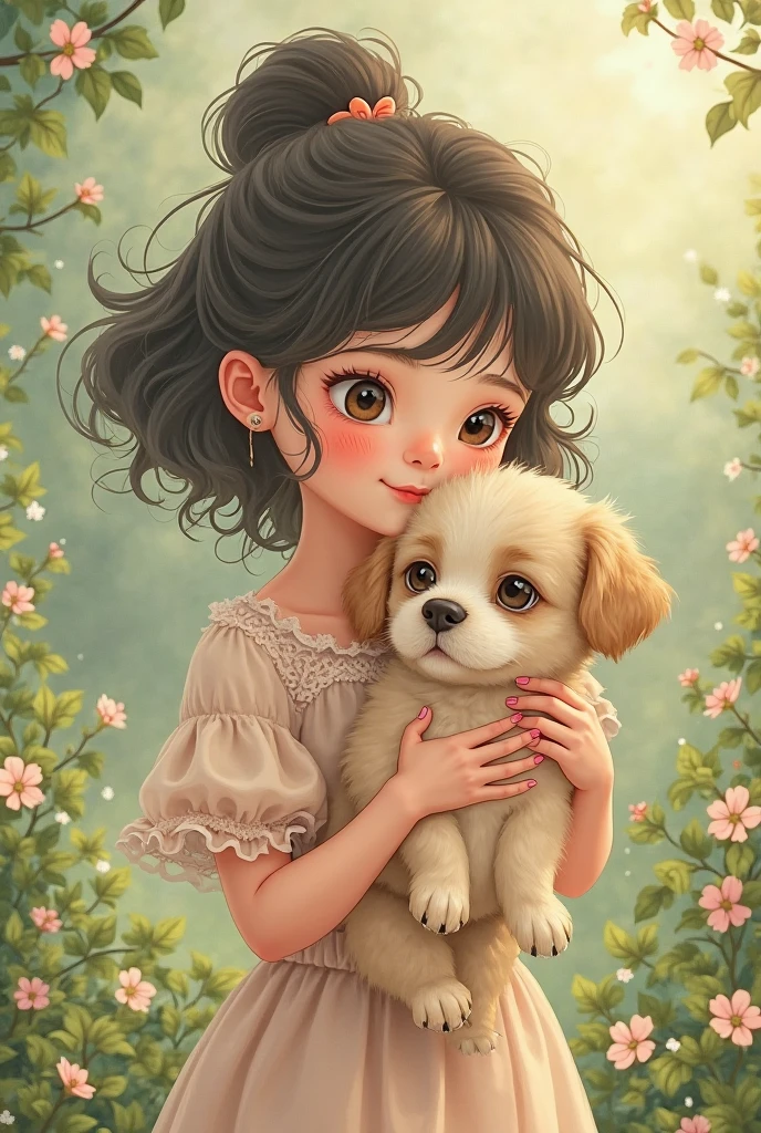 White tea girl with light brown hair, Light brown eyes mixed with a light green but the brown is more noticeable, a little hidden tones, Eyes near the mouth, beautiful smile.with a Yorkshire terrier dog, with bow. Depict this in a lively and tender way, little dolls, young