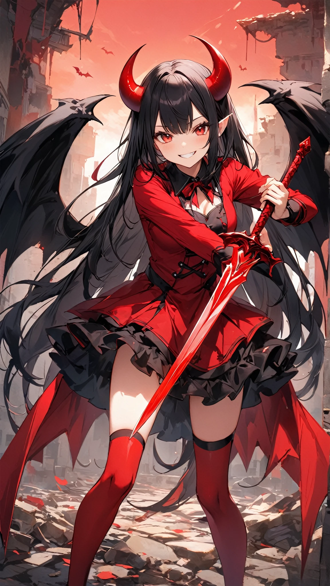 1girl, solo, black hair, red eyes, puffy sleeves, lush outfit, red and black dress, evil smile, ((a lot of knives, a knife in the hand, a lot of blood, a lot of legs around the character, knives,)) flying, black stone, feet on cross, leaning forward, hand in camera, splash art, official art, detailed background, red and black background, trees, burgundy sakura, burgundy petals, burgundy leaves, the whole body is visible