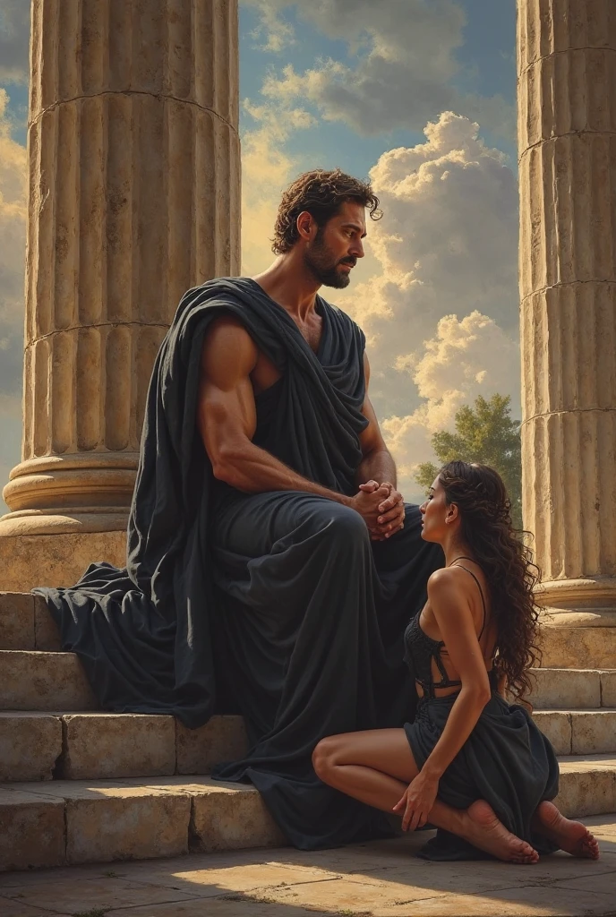 estatua grega tipo deus grego, Muscular hugged with a greek goddess type woman 8k black and white