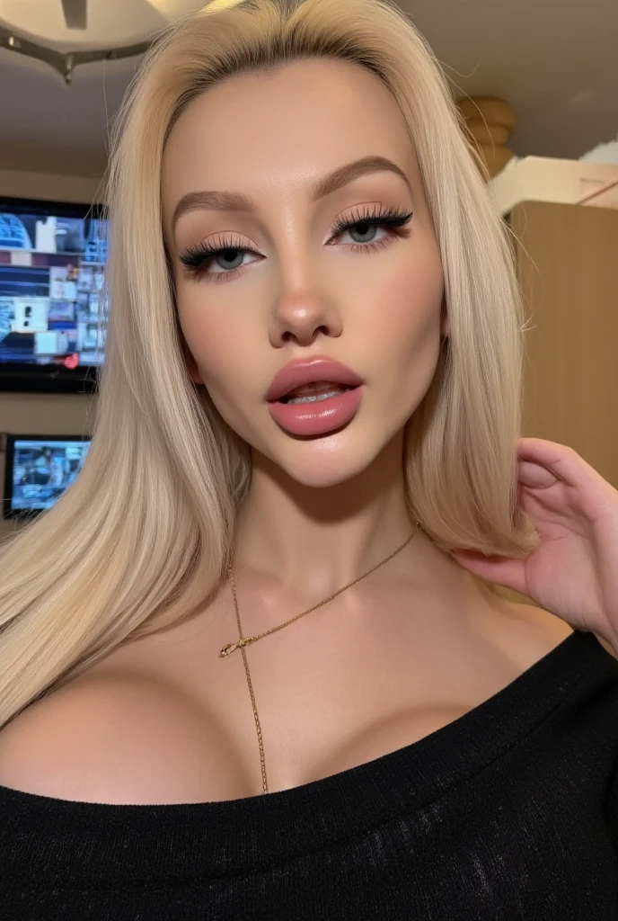um close up de uma mulher com longos cabelos loiros usando um vestido preto, long cabelos loiros e olhos grandes, ava max, longos cabelos loiros e olhos grandes, beautiful moça loira, uma loira linda, moça loira, com longos cabelos loiros, cabelos loiros e olhos grandes, Deusa loira, Yelena Belova, Anna Nikonova aka Newmilky, uma menina com cabelo loiro