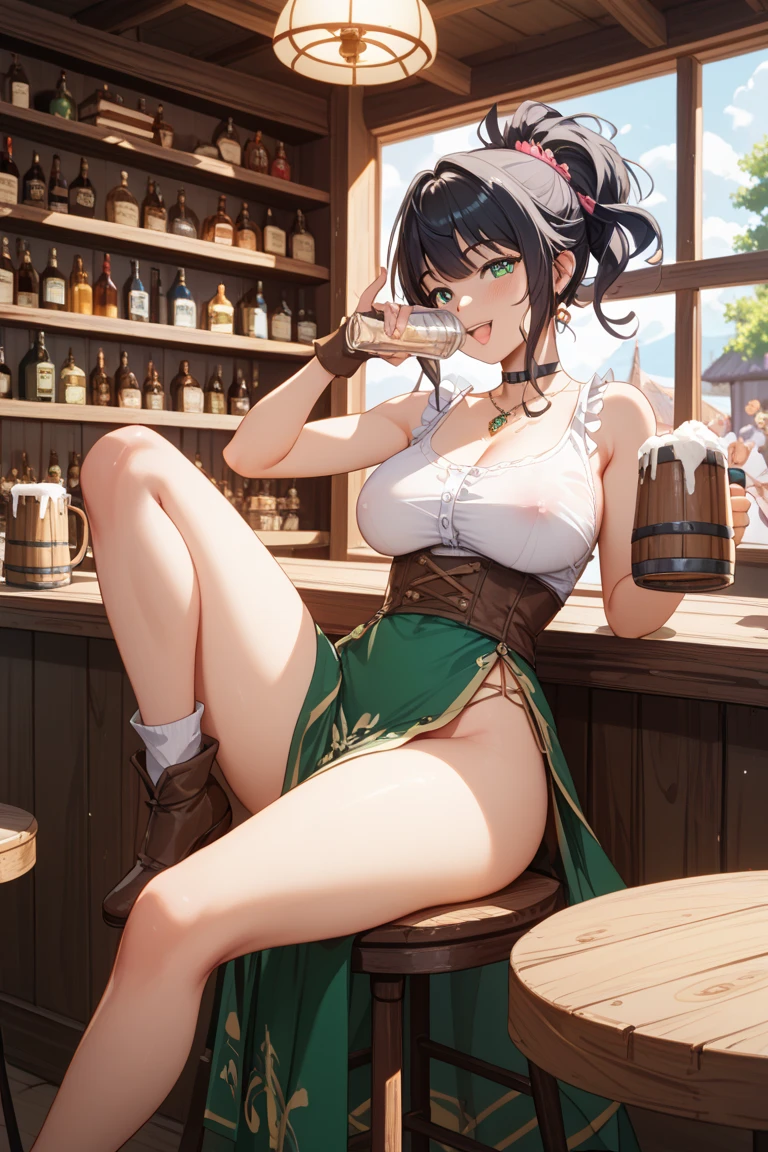 nsfw, hair ribbon, masterpiece, 1 girl, erect nipples, intricately detailed, topless, puffy nipples, pubs, table, crowd, navel, bare shoulders, necklace, beer, tavern, inn, pub, crowd, brown hair, short hair, swept bangs, extremely detailed, photorealistic, octane render, 8 k, unreal engine, bare breasts, nipples, brown eyes, carrying beer tray, bare stomach, sweaty, people on background, oktoberfest, smiling, moist breath, arm strap, embarrassed smile, small breasts, blush, bare shoulders, bare arms, bare elbows, white waist apron, maid, green skirt, innocent looking, curvy body, , legs, body, short hair, hair tie, hair bandana, long nipples, mole under the eye