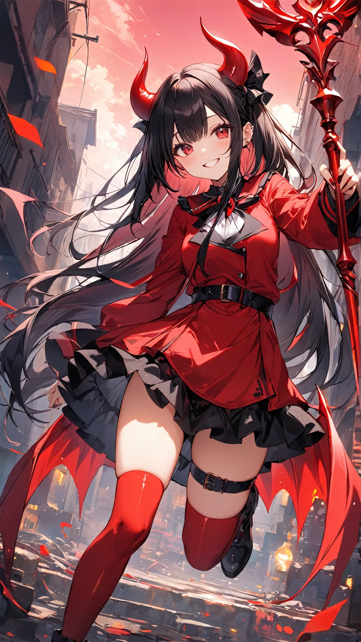 1girl, solo, black hair, red eyes, puffy sleeves, lush outfit, red and black dress, evil smile, ((a lot of knives, a knife in the hand, a lot of blood, a lot of legs around the character, knives,)) flying, black stone, feet on cross, leaning forward, hand in camera, splash art, official art, detailed background, red and black background, trees, burgundy sakura, burgundy petals, burgundy leaves, the whole body is visible