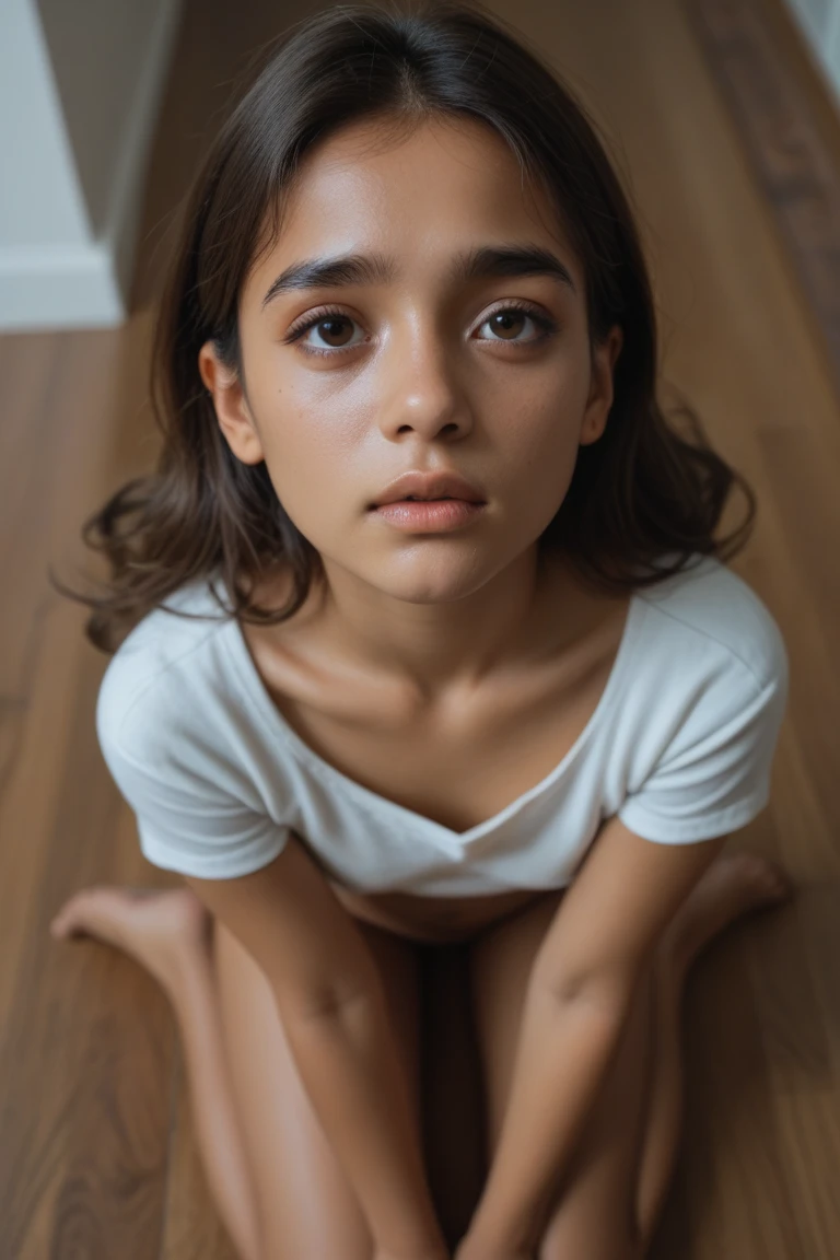 Ponytail hair Kurdish teen girl sitting on bed tin body underwear 