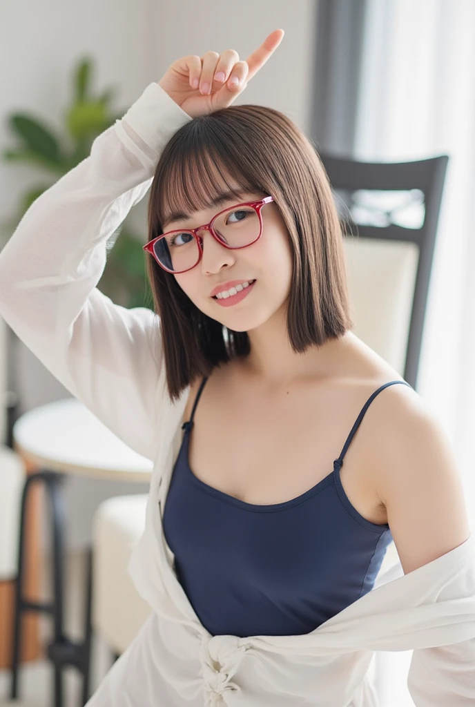 12 years、Down blouse , munechira,(((Small breasts、Small breasts、Flat Chest))),Flat Chest ,avert your eyes, Bend your body , From above , close, necklace , Detailed Bra Overlap T-Shirt,  short hair,8k, highest quality, masterpiece, Ultra-high resolution, (realism: 1.4), Original photo, (Real skin texture: 1.3)、Red frame glasses、Young face、Young body、Natural smile
