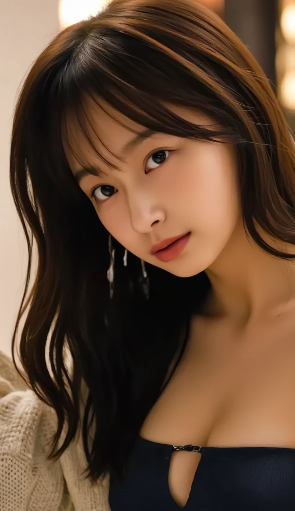 Distant photo, beautiful Korean girl, sexy, most beautiful face, long hair, blemish-colored eyes, medium breasts, beautiful, white, white skin, high quality, realistic, bigc background.