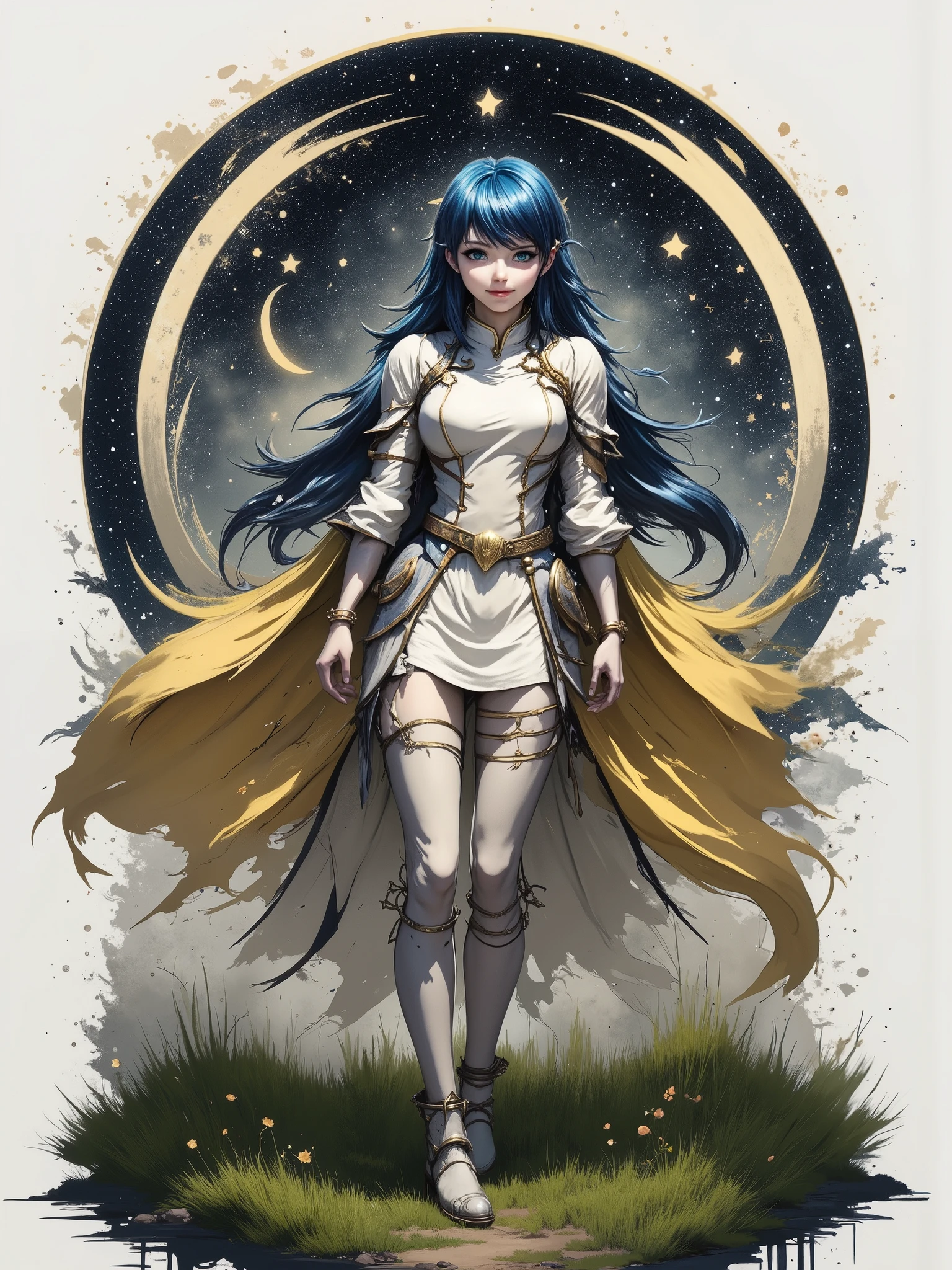 A very beautiful 22 year old paladin lady, (((long hair))), (((DeepSkyBlue hair))), (((shiny hair))), (((beautifully detailed eyes))), (((perfect eyes))), (((finely detailed eyes))), (((detailed eyes))), (((Light Sky Blue eyes:1.5))), (((bright eyes))), (((beautiful and detailed lips))), (((candy pink lips:1.5))), (((thin lips))), (((light smile))). front light, illuminated face, (((Full body view, dynamic pose, standing:1.5, graceful pose))), (((she stands in a powerful pose, with one leg bent, arms crossed))). (((Gothic armor in pearl white color:1.5))), lemon Yellow cape waving in the wind. (((high resolution:1.5))), aidmainkstyle, (((Masterpiece:1.5))), (((high quality, UHD, 8k, 16k))), (((RAW, professional photograph, photorealistic portrait))), sharp focus, no blur, (((film grain))), dynamic angle, wide angle, panoramic, stunning image, epic landscape, soft lighting, cinematic lighting, top quality, (Best Quality), vibrant, colorful. ((In the background there is an empty snowy field, short green grass, empty horizon, awesome, very detailed, dramatic scene)), (((starry night:1.5))), blurred background, bokeh.