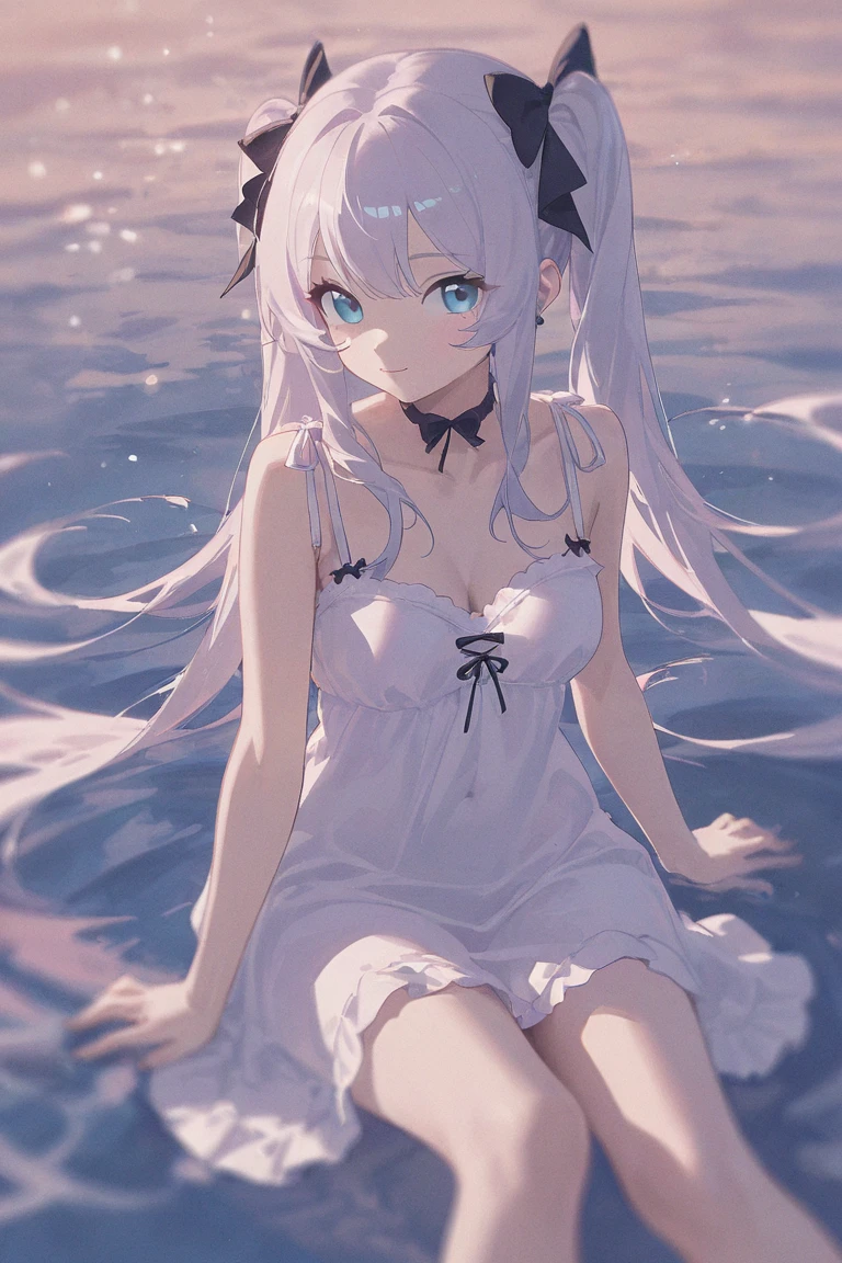 (realistic type image) a Japanese girl with long, almost white pink hair. She has three Axolotl gills on each side of her head and wears a white bikini with a transparent dress coming out of the top of the bikini.. The girl has the tail of an Axolotl, that is to say, like that of a tadpole (long tail with a translucent membrane on top) almost white pink color. The girl's hair covers one of her eyes. The girl is on the bank of a river and apart from her bikini she is wearing a translucent dress