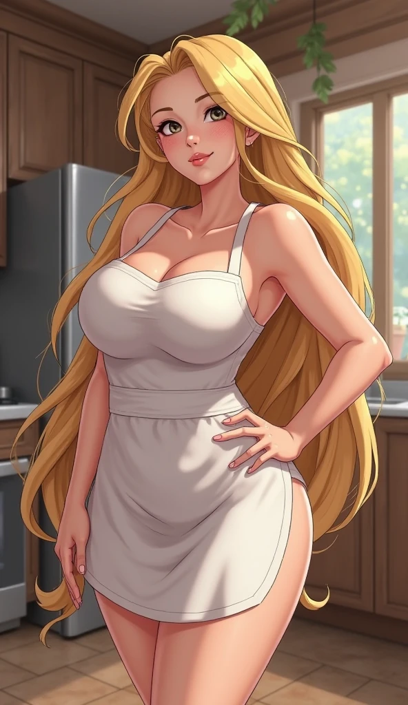blonde tsunade from the anime naruto shipudden, with big round overflowing breast, and big ass, wearing a white naked apron, at night, leening over the kitchen counter, forced to have an sexual affair, with her lustful face expression, with bleach anime art-style