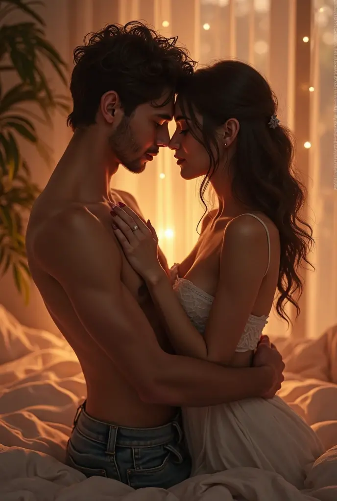 A couple standing together in a room, with the Woman without clothes,open Boobs and chest and the Man without dressed , making them look like a matching couple. In the background, the names 'Aman' and 'Anam' are clearly and fully displayed in bold, elegant letters, seamlessly integrated into the room’s design, creating a cohesive and intimate 3D scene