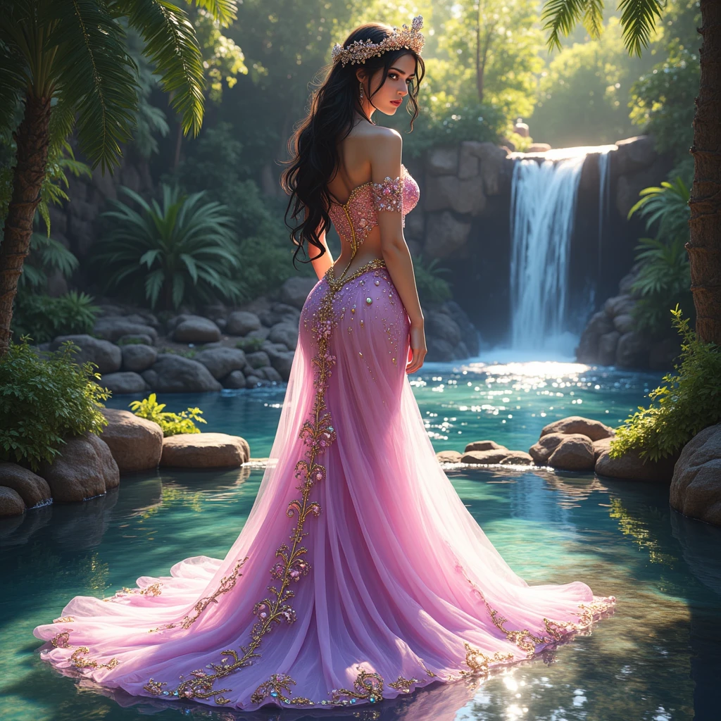 Full body, EVA Rapunzel girl with graceful figure with black hair in the Garden of Eden, girl's body sexy, legs long and graceful, graceful ankles, in the background tree of life on which serpent tempts and red apple of life knowledge, serpent tempts girl, photorealism, super detailed, site 500px, contrast lighting, outline around girl, fill light is soft, 32k