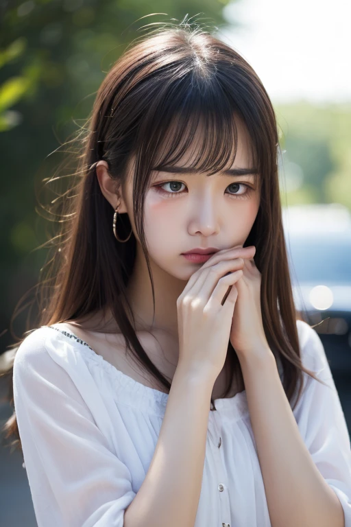 Highest image quality、Masterpiece level、Ultra-high sharpness、Fidelity 1.4，photoshoot，A girl appears[（grieves）]，In a white blouse shirt，The scene is dim、darkly，Present despair、pitying、Feeling of pity，Squat on the ground。Like a movie，With tears，There are tears on the face。There are tears on the clothes（Weight 1.5），drenched clothes（Weight 1.4）and bare shoulders。It's really raining，The hair is soaked。